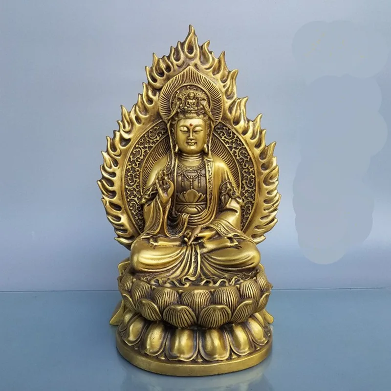 Brass Guanyin Buddha statue ornament, South Sea Guanyin sitting on a lotus, home temple decoration, willow branch Guanyin
