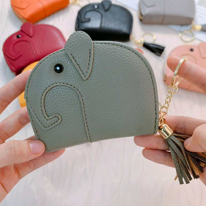 محفظة نسائية للعملات المعدنية على شكل فيل لطيف؛ حقيبة تخزين من جلد البولي يوريثان بنمط Lichee للنساء