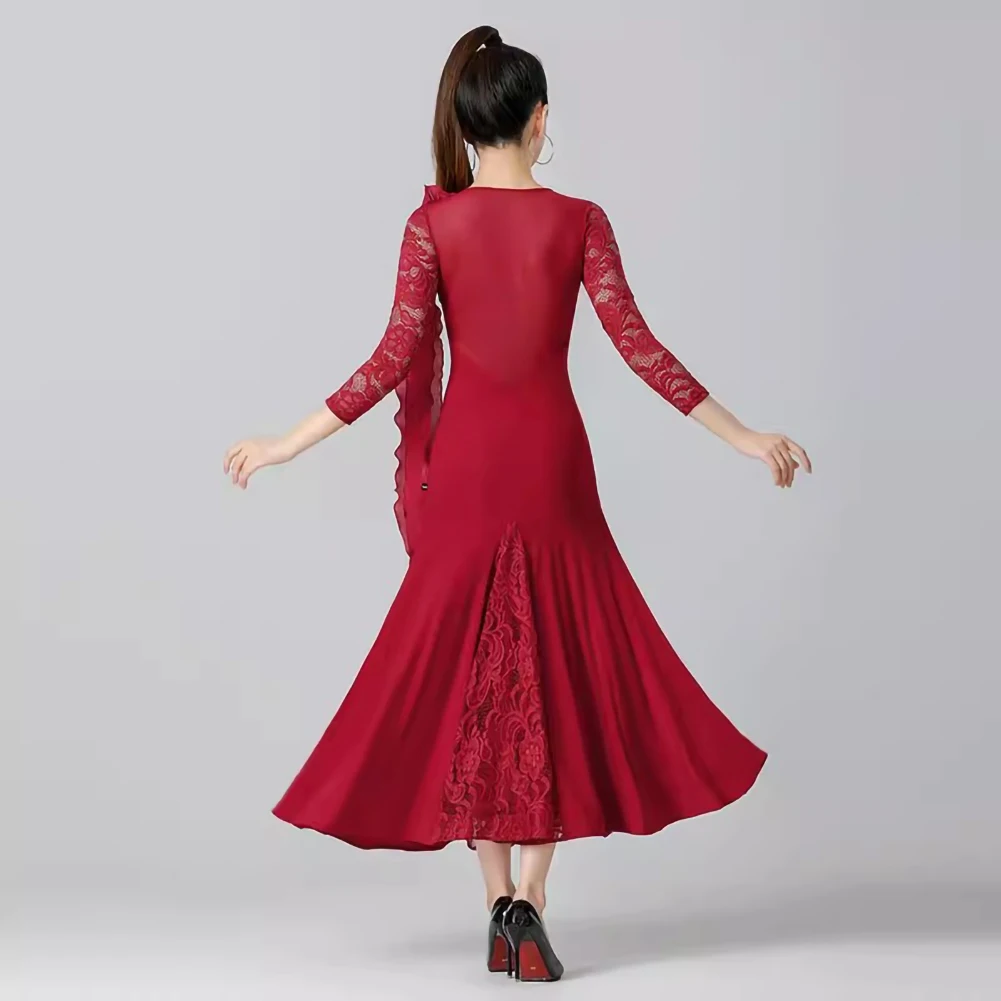 High-end International Modern Dance Competition Dress Ladies Luxury Party Dress Lace Long Sleeve Lotus Leaf Lace Dance Dress