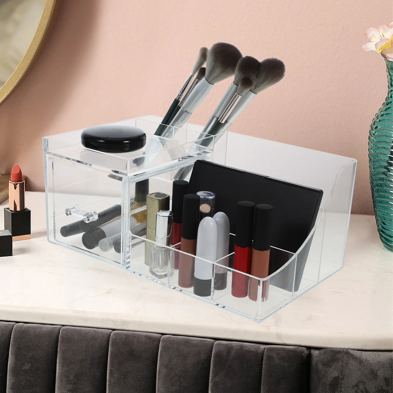 

3 Tier Makeup Organizer with Multiple Drawers Transparent Desktop Storage Box for Vanity Table Brush Holder and Desk