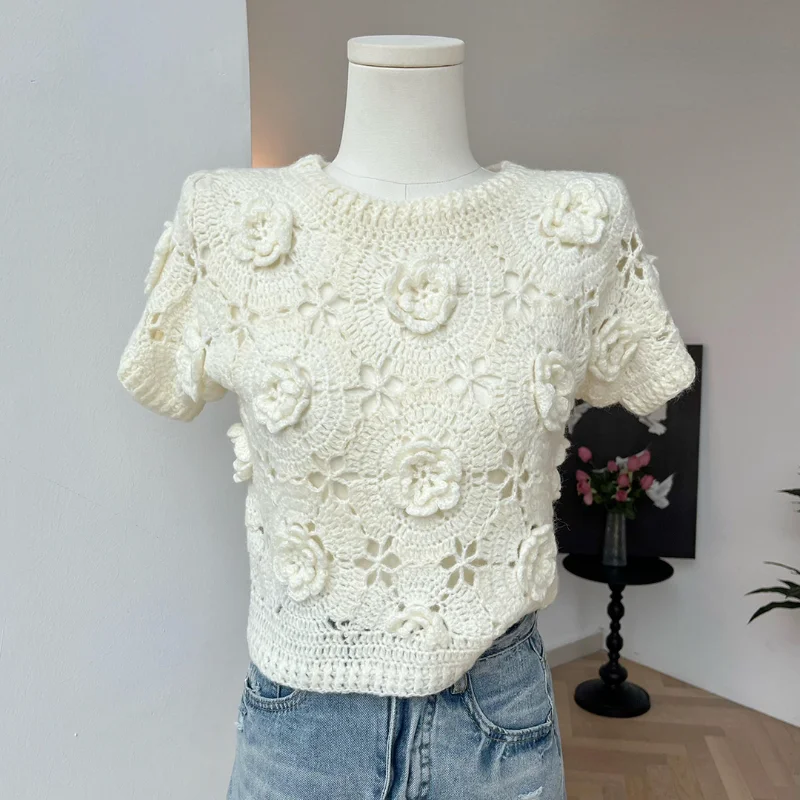 

Вязаные топы ручной работы с вязаным крючком и коротким рукавом для женщин летние новые маленькие ароматные модные милые женские короткие футболки