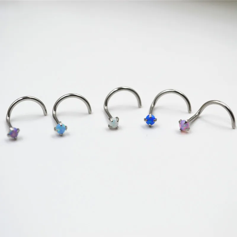 

50pc/lLot Opal Stone Nose Rings Nostril Nose Ring Studs Curve Screw On Nose Piercing 20g~0.8mm Body Piercing Jewelry