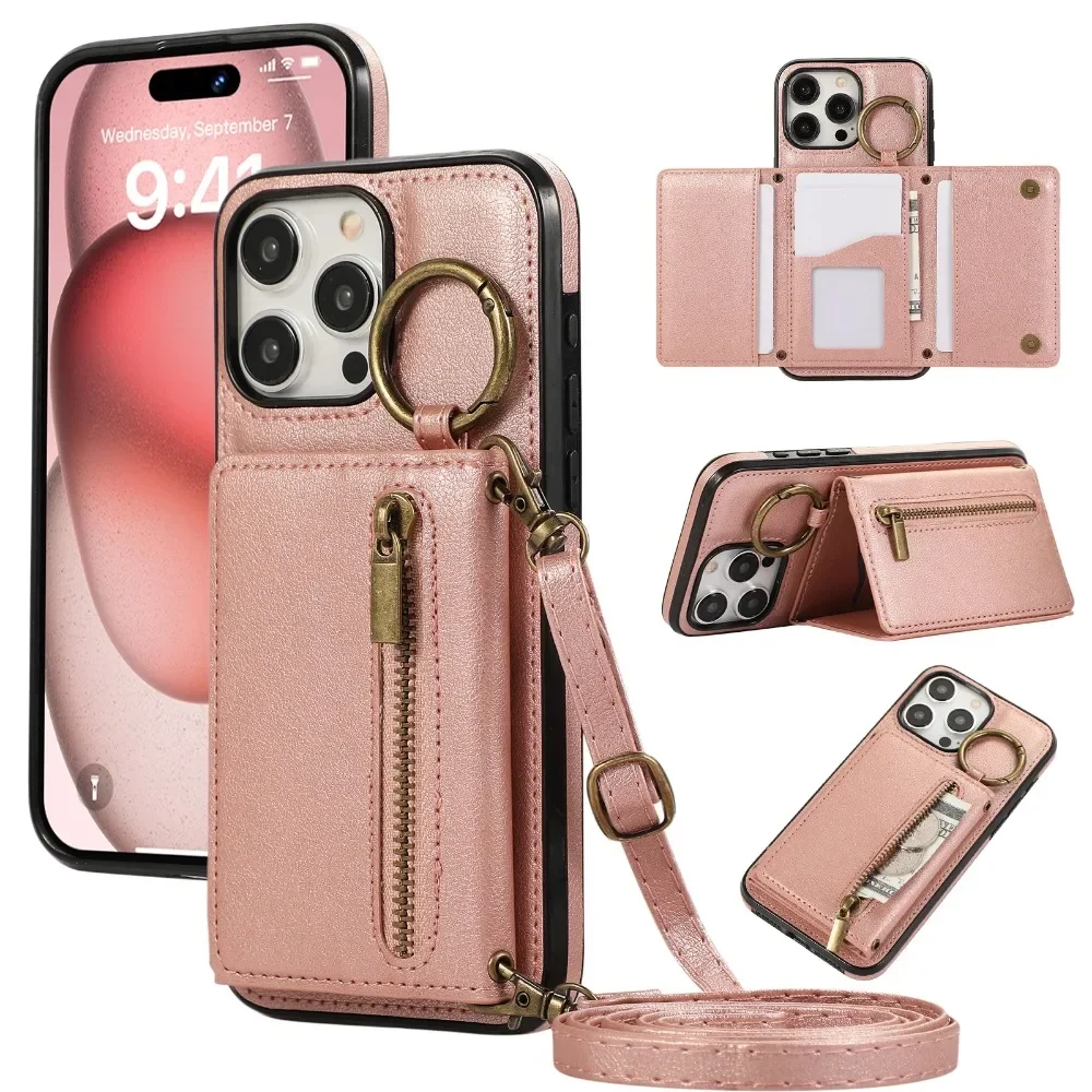 Crossbody Reißverschluss Brieftasche Ring Kartenhalter Handyhülle für IPhone 16 SE 16 15 14 13 12 11 Pro Max XS X XR 7 8 Plus Lederhülle