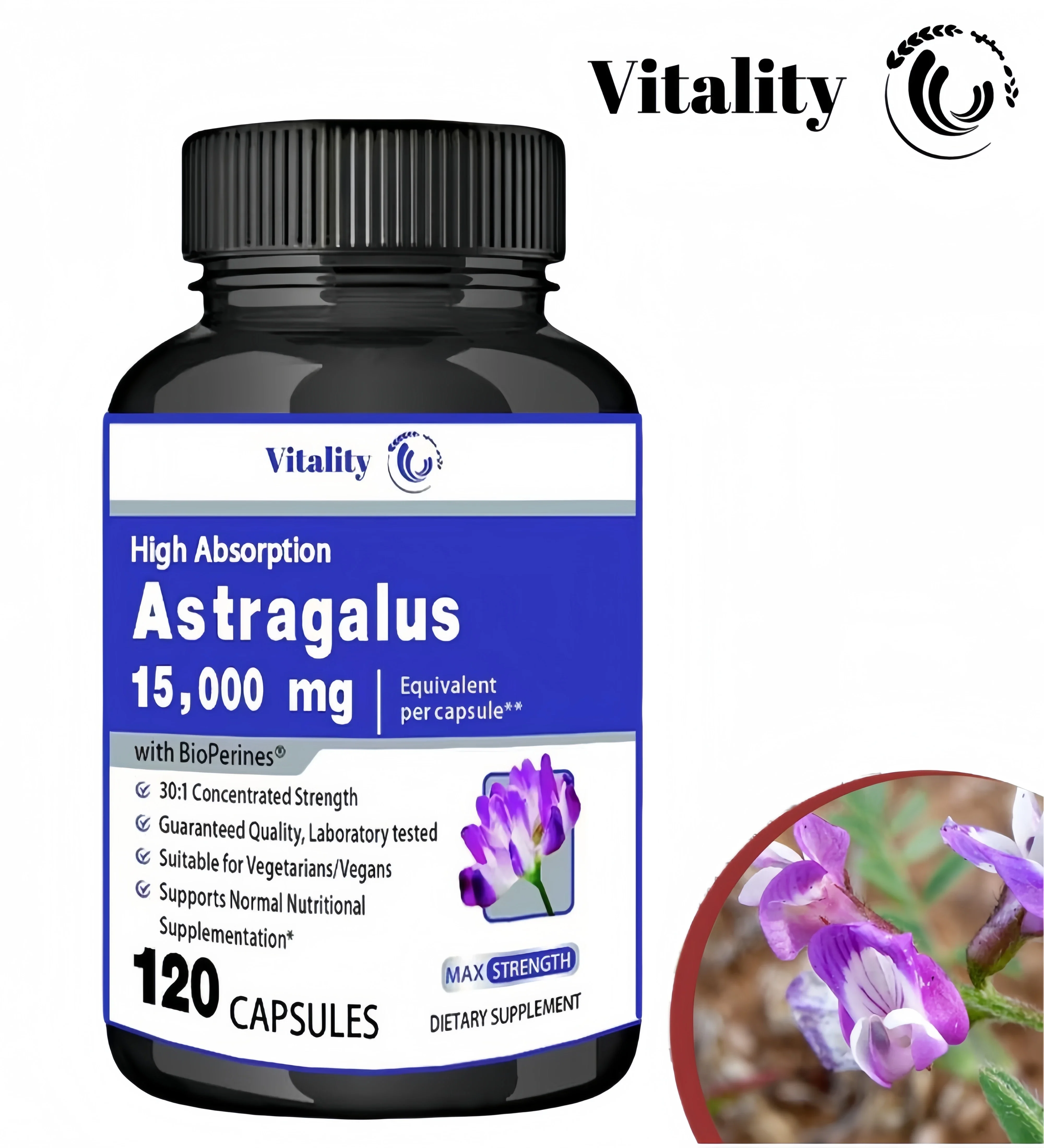 Vitality Natural Astragalus Root, 15000mg Traditional Immune Support, Non-GMO Project Verified, Vegan, 30/60/120 Capsules