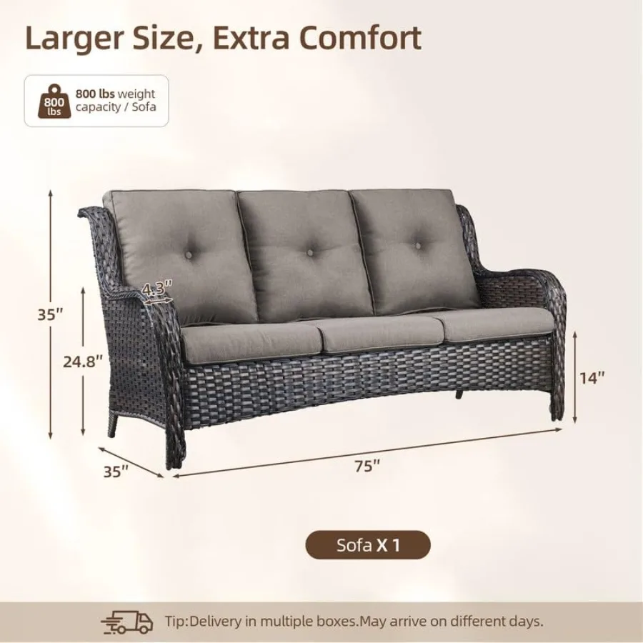 Outdoor Patio Wicker Sofa: All-Weather Resin Wicker, Beige, 900Lbs Capacity, 4in Cushions Deep Seating for Backyard, Garden, Po