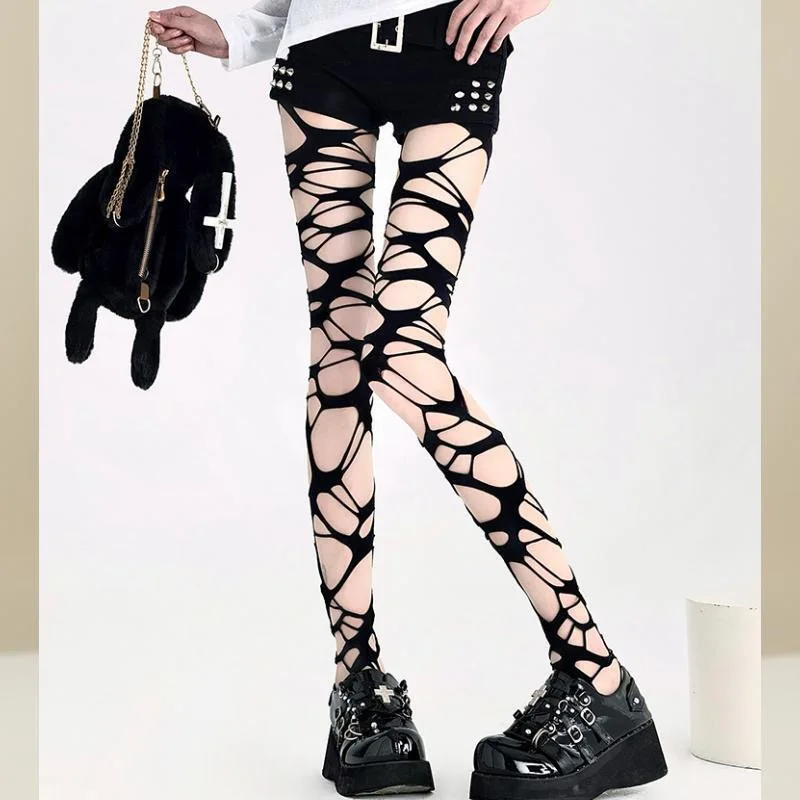 Ripped Fishnet Tights for Women - Edgy Distressed Punk Stockings, Y2K Grunge Goth Aesthetic, Anti-Slip Stretchy Pantyhose