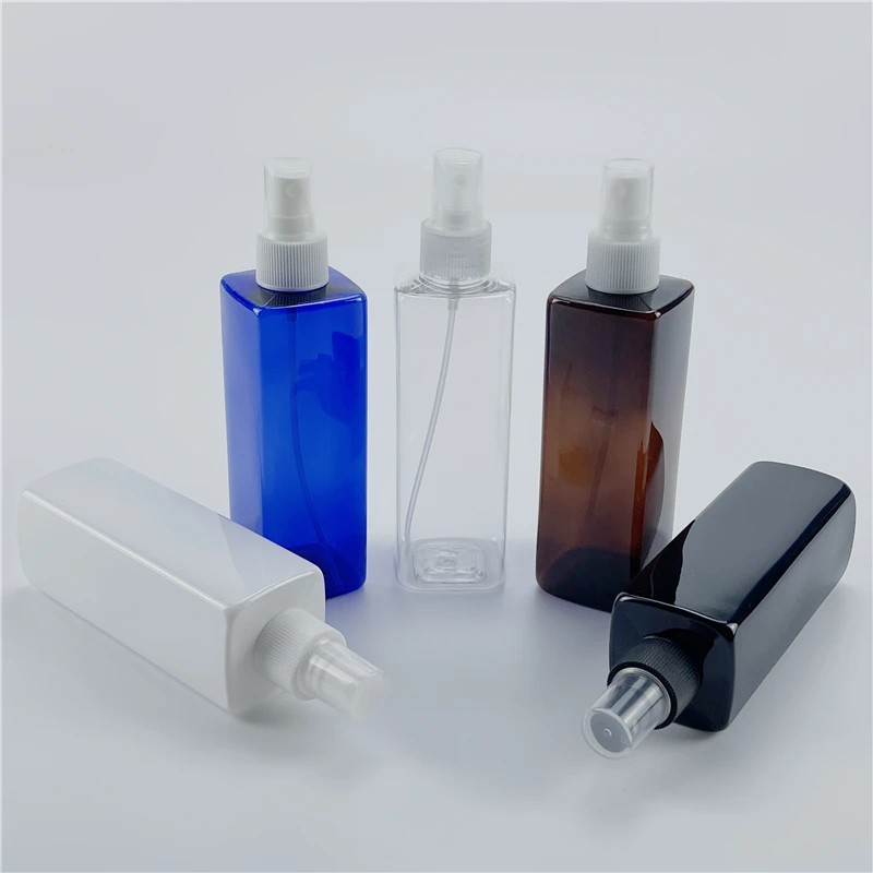 

250ml 25pcs Empty Plastic Container With Spray Pump Square White Clear Brown Blue Black PET Bottle For Cosmetics Perfume Bottles