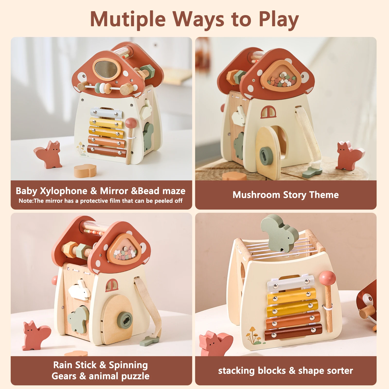 Five-in-one Baby Montessori Toy Wooden Mushroom Castle Stacking Puzzle Toy Kid Houses Blocks Early Childhood Education Game Gift