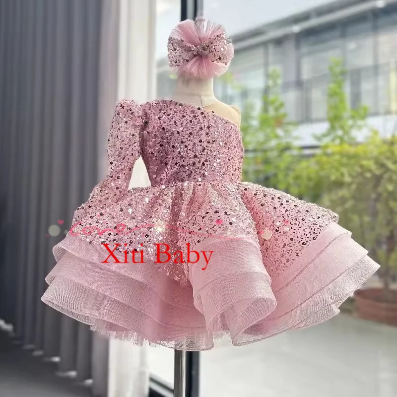 

Luxurious Child Girl Wedding Dress White Pearls Party Dresses Beads Tiered Tulle Sleeves Puffy Flower Girl Dresses For Weddings