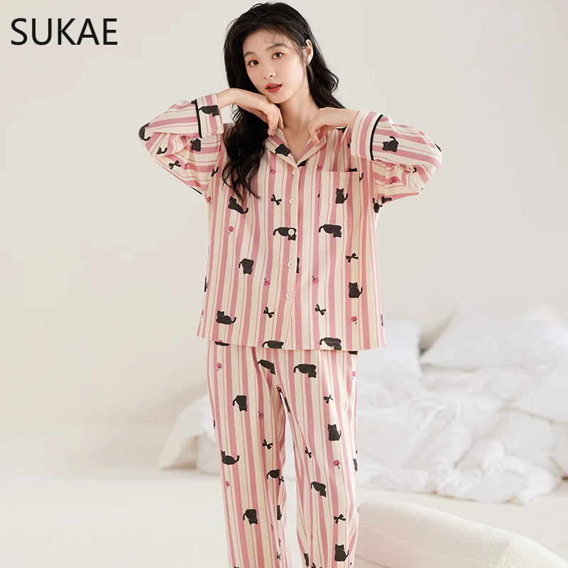 SUKAE Women Pajamas Set Autumn Winter Elegant Turn-down Collar Sleepwear Girl Faux Cotton Nightwear Lady Long Sleeves Loungewear