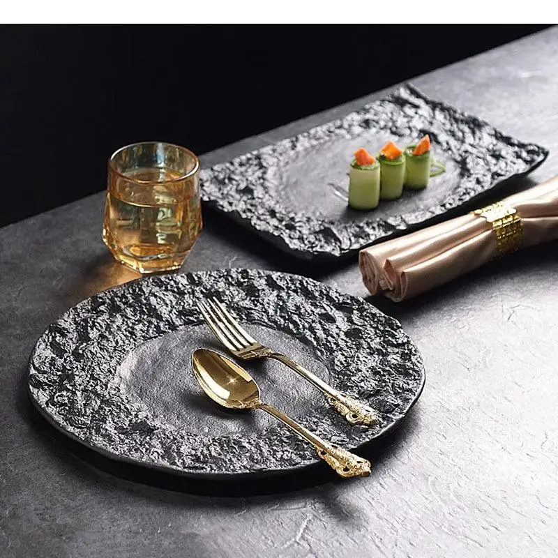 Solid Color Irregular Texture Ceramic Flat Plate Restaurant Steak Dessert Sushi Dish Snack Specialty Tableware