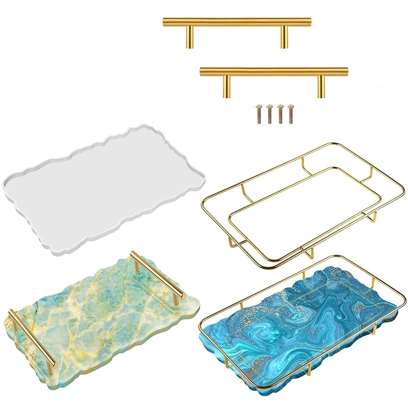 

Silicone Resin Tray Mold, Large Epoxy Tray Resin Mold With 2Pcs Gold Handles, Metal Frame For Resin Casting Fruit Disc