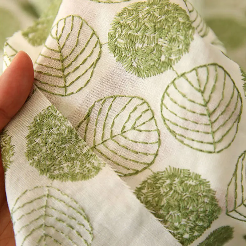 Green Plants Embroidery Cotton Linen Fabric Pastorale Style Green Leaves Embroidery Fabric for DIY Sewing Clothes Tablecloth