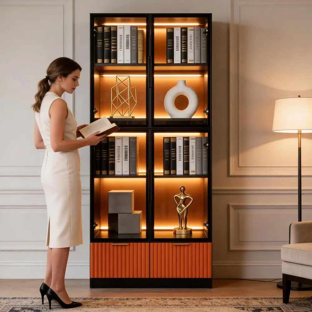 lack Display Cainet, 67-Inch High ookca, Multi-Colored LED Amient Lighting, 4-Tier LarStoraSpace, 2 LarOranDers, Transparent Tem
