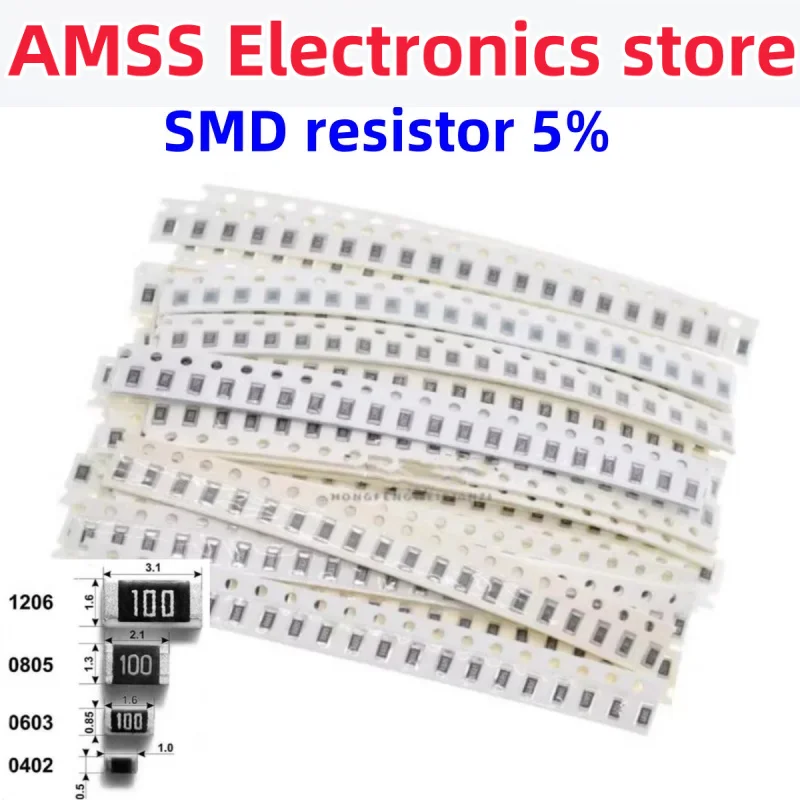 AMSS 100 pièces 0603 0805 1206 1210 2010 2512 résistance SMD 5% valeurs de résistance communes 0R-10R 1R 2R 3R 4R7 5R1 haute précision