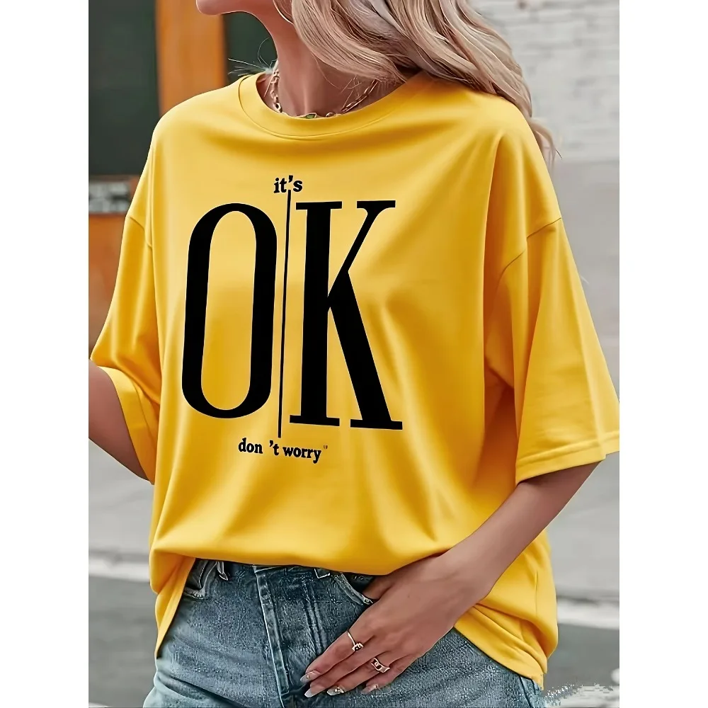 It's OK Motivational T-Shirt  Black with White Letter Print Round Neck Casual Elegant Top Minimalistic Design Retro Style Shirt