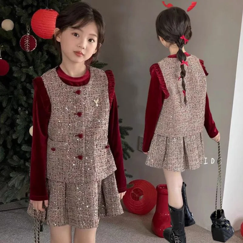 Girls Little Fragrant Style Set Spring Autumn 2026 New Girls Stylish Vest College Style Short Skirt Three Piece Set