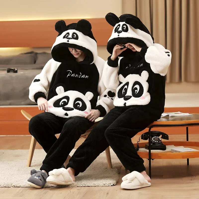 Coppia invernale Pigiama Set Donna Uomo Peluche Morbido Addensare Pigiama Indumenti da notte Coreano Allentato Homewear Cartoon Panda Pigiama Vestito