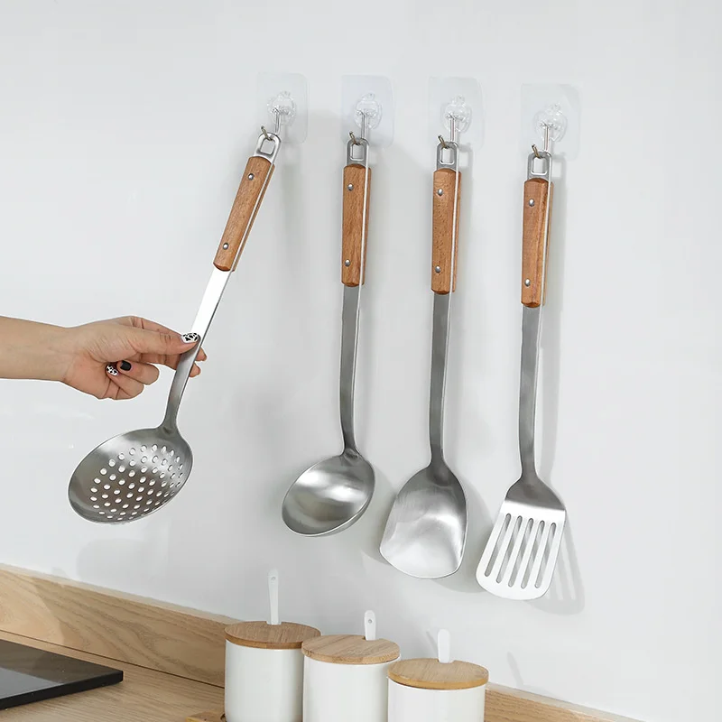 304 stainless steel spatula, cooking shovel, household spoon, anti scalding handle, leaky spoon, wooden handle, kitchen spoon,