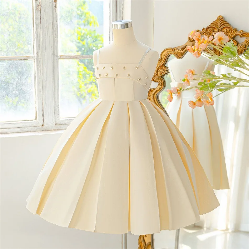 Cream Bead Spaghetti Strap Pleated Satin Princess Dress Cute Kids Girls Wedding Birthday Holiday Formal Pageant Costume ASQ03