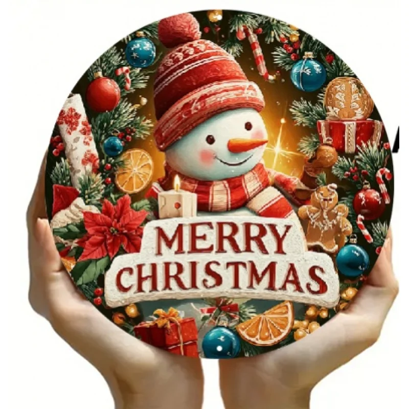 2D Flat, 1pc 2D Flat Printed Round Wooden Christmas Snowman Wall Decoration | Wooden Sign with Pre-drilled Holes for Easy Hangin
