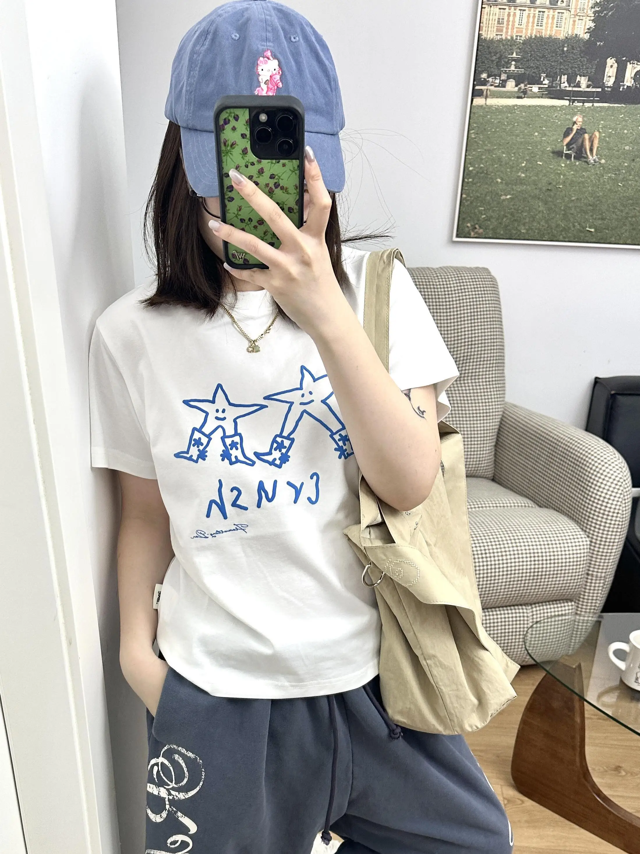 East Today Heat Hand-Drawn Cartoon Star Print Slim Fit Pure Cotton Comfortable Short Sleeve T-Shirt Women's Top Soft Breathable