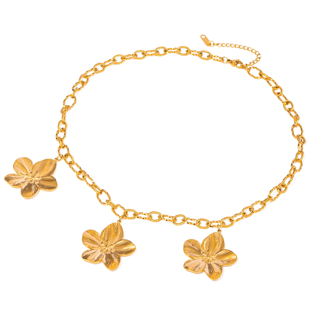 18K PVD Gold Plated Minimalist Rust Proof Five Petal Flower Ribbed Pendant Necklace ​​​Anti Allergic Women Waterproof Jewelry