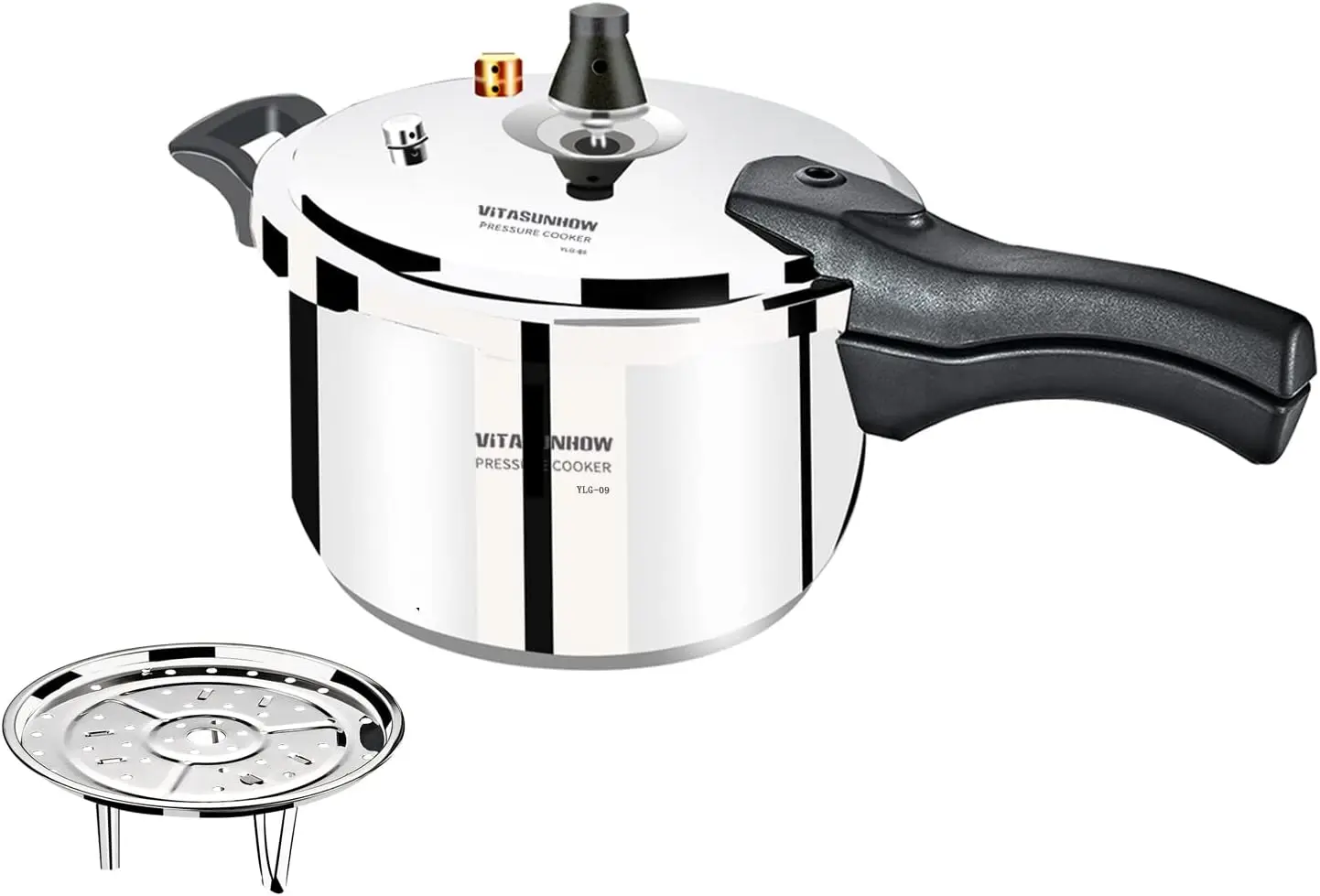 Stainless Steel Pressure Cooker with Steamer Basket, Faster Cooking and Safety Pressure Release (9-Liter)