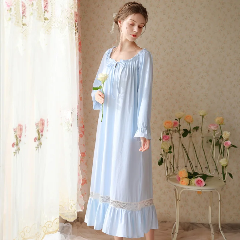 Sweet Lace Victorian Cotton Night Dress Women Vintage Nightgown Long Sleeve Princess Sleepwear Nightwear Lounge Dress Pajamas