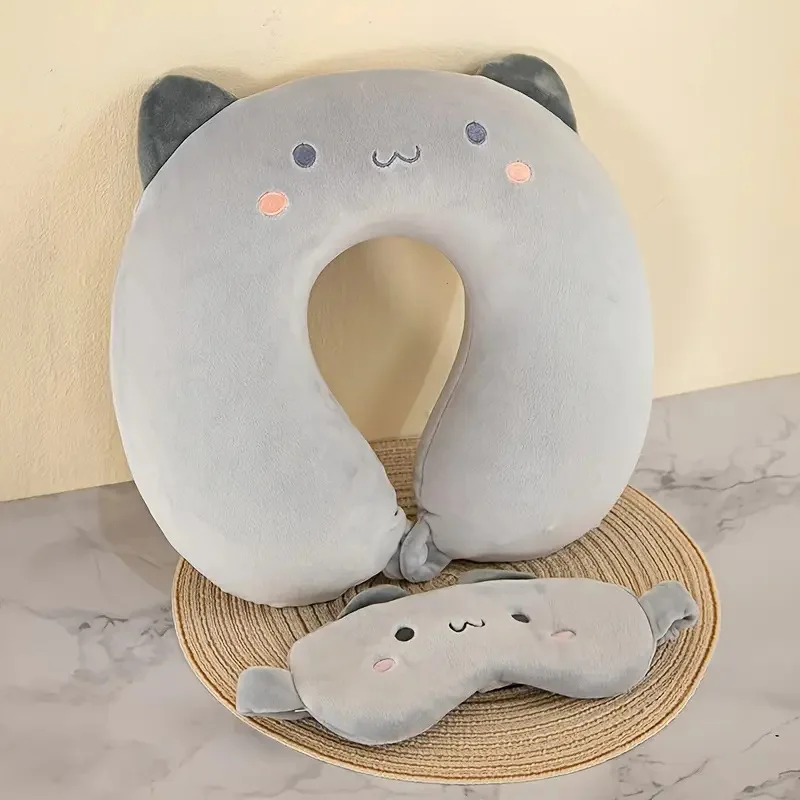 Cute Cartoon Animal U Shaped Neck Pillow Memory Foam Travel Set with Eye Mask Removable Cover