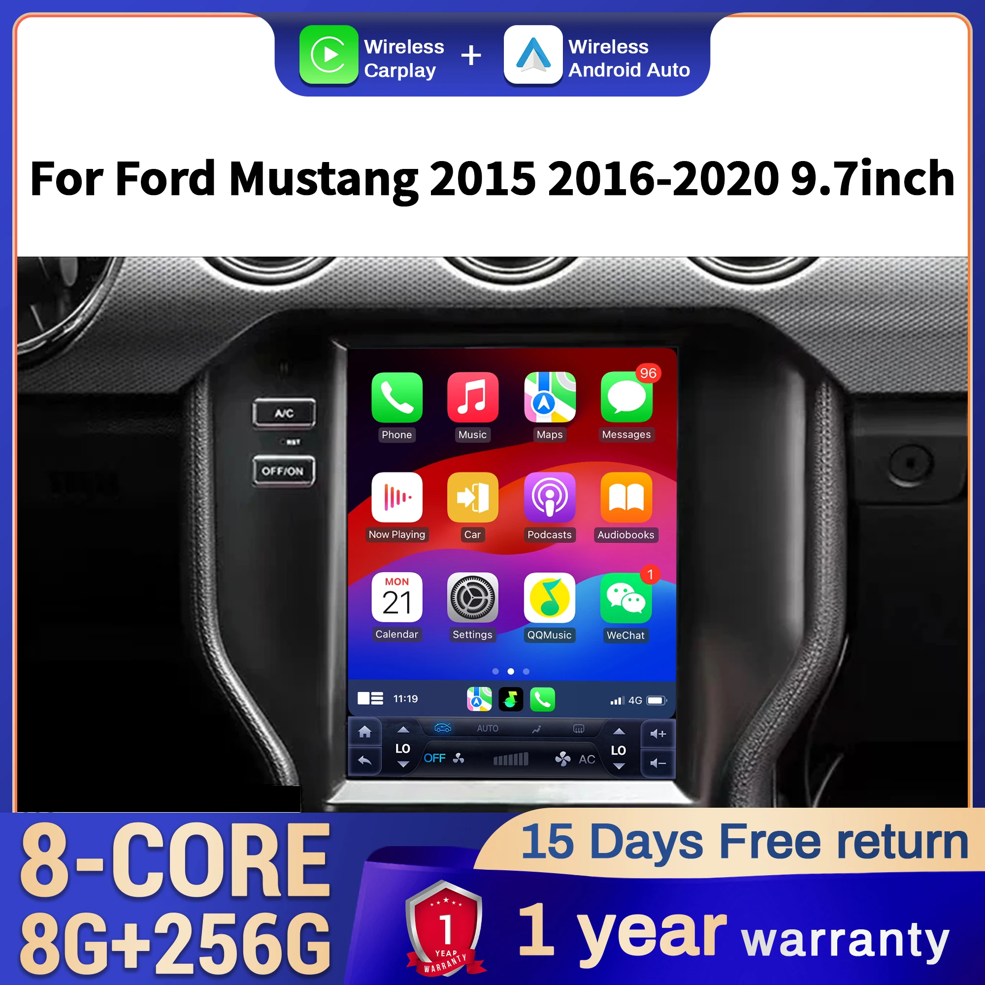 

9.7 inch Car Radio For Ford Mustang 2015 2016-2020 Android 14 4G Head Unit Wireless Bluetooth CarPlay Touch Screen Stereo System