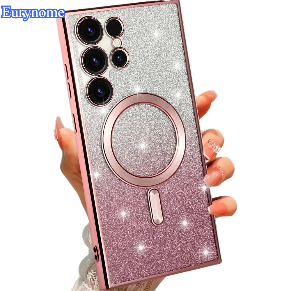 Glitter Magnetic Case For Samsung Galaxy S25 Ultra S24 FE S23 S22 S21 S26 Plus A56 A36 A17 Wireless Bright Soft Plating Cover