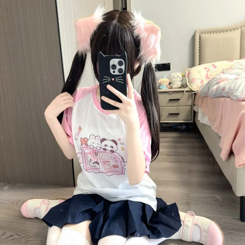 Pink Kawaii T Shirt Rabbit Bear Cartoon Print Cute Patchwork Short Sleeve Summer Top Japanese Harajuku Casual 2024 Women Tees