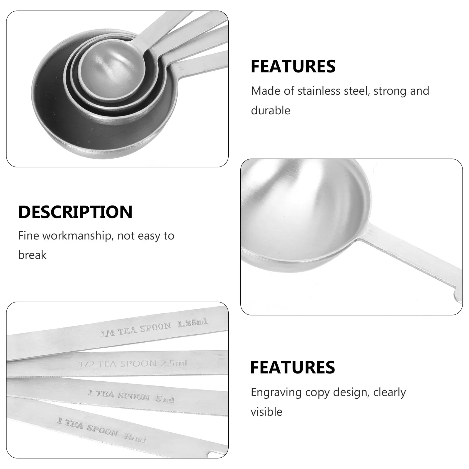 

4pcs Stainless Steel Measuring Scoop Set For Coffee Powder Milk Flour Baking Kitchen Tool Comfortable Handle Smooth Surface Wear