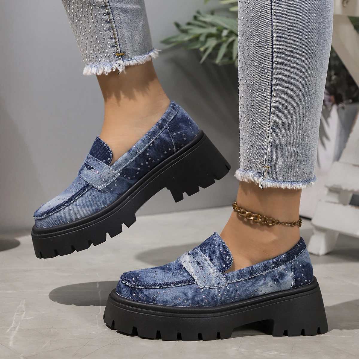 Rimocy 2024 New Women Chunky Heels Loafers Fashion Crystal Slip On Platform Shoes Woman Gothic Thick Bottom Shallow Denim Pumps