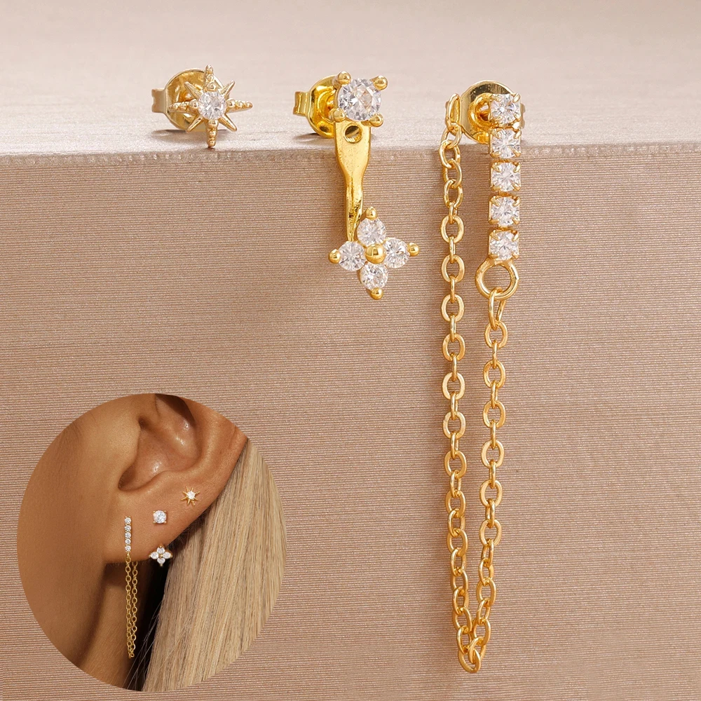 3PCS Stainless Steel Flower Zircon Ear Stud Set For Women 14K Gold Plated Hypoallergenic Cartilage Piercing Earring Jewelry