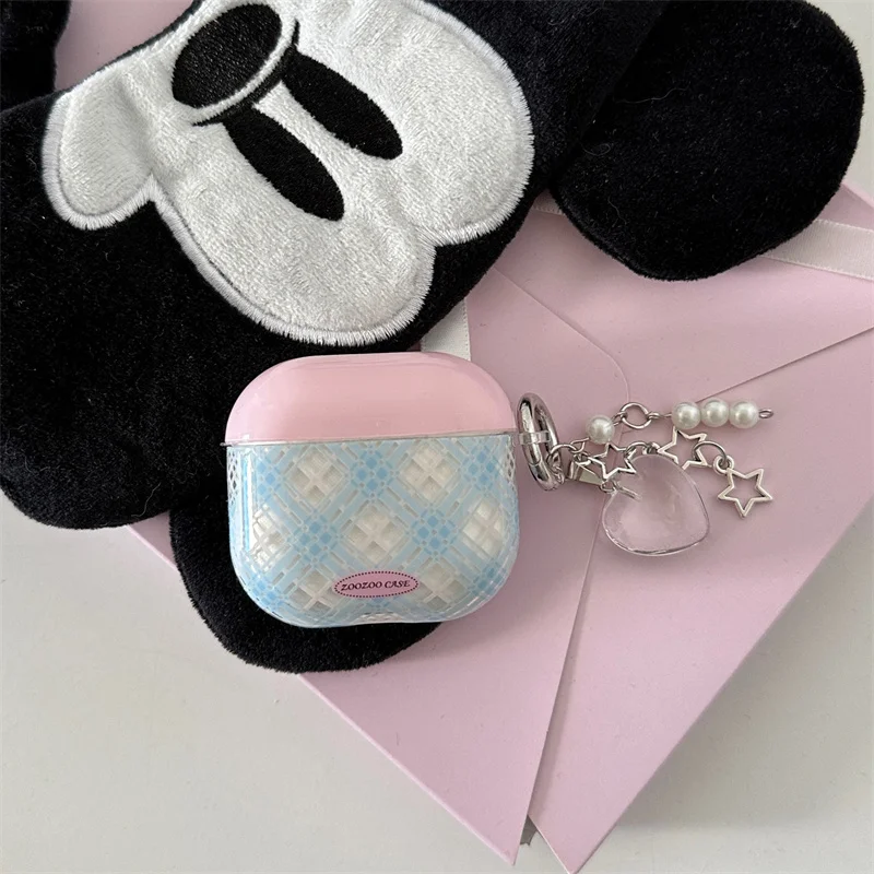 Korean Lattice Pattern Headphone Case For Apple Airpods Pro 2 3 4 Cover with Charm Silicone Headset Cases For Airpod 4 Gen Funda