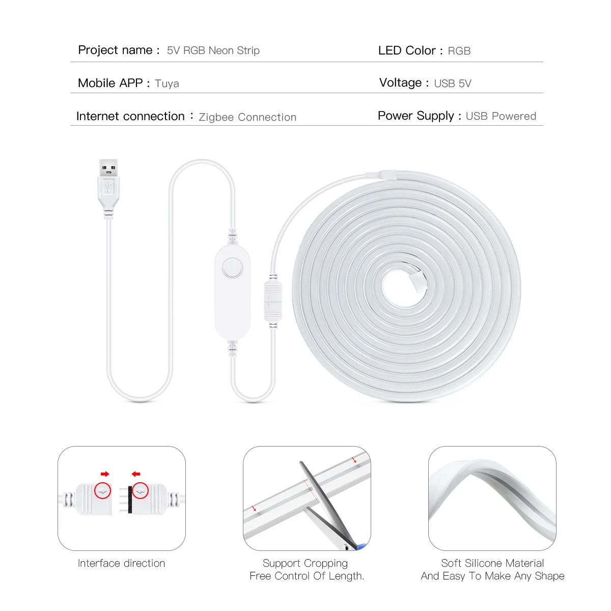 Zigbee 3.0 Neon LED Strip RGB Light USB 5V Tape Ribbon Dimmable Work With Tuya Smart Gateway Bridge SmartThings Alexa Google