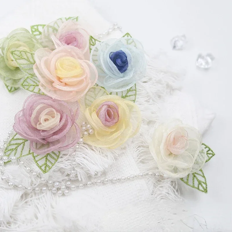 1pcs Handmade Organza Fabric Artificial Rose Flower For Wedding Bridal Headdress Decor Corsage DIY Hair Clips Women Accessories