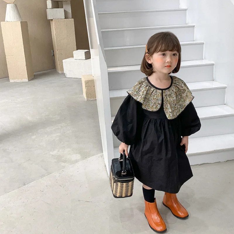 Autumn Girls\' Dress Floral Collar Bubble Sleeves Princess Dress Irregular Pleats Lapel Fashionable Spring Children\'s Clothing