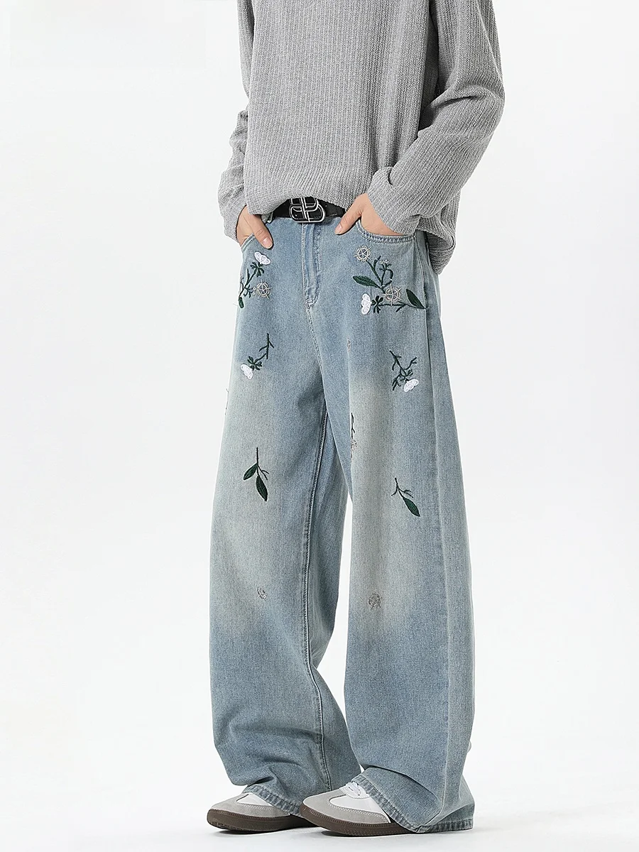 

NELY Hiphop Street Sle Embroidered Straight Leg Jeans Casual Floral Women's Jeans Youthful Leisure Wide Leg Pants