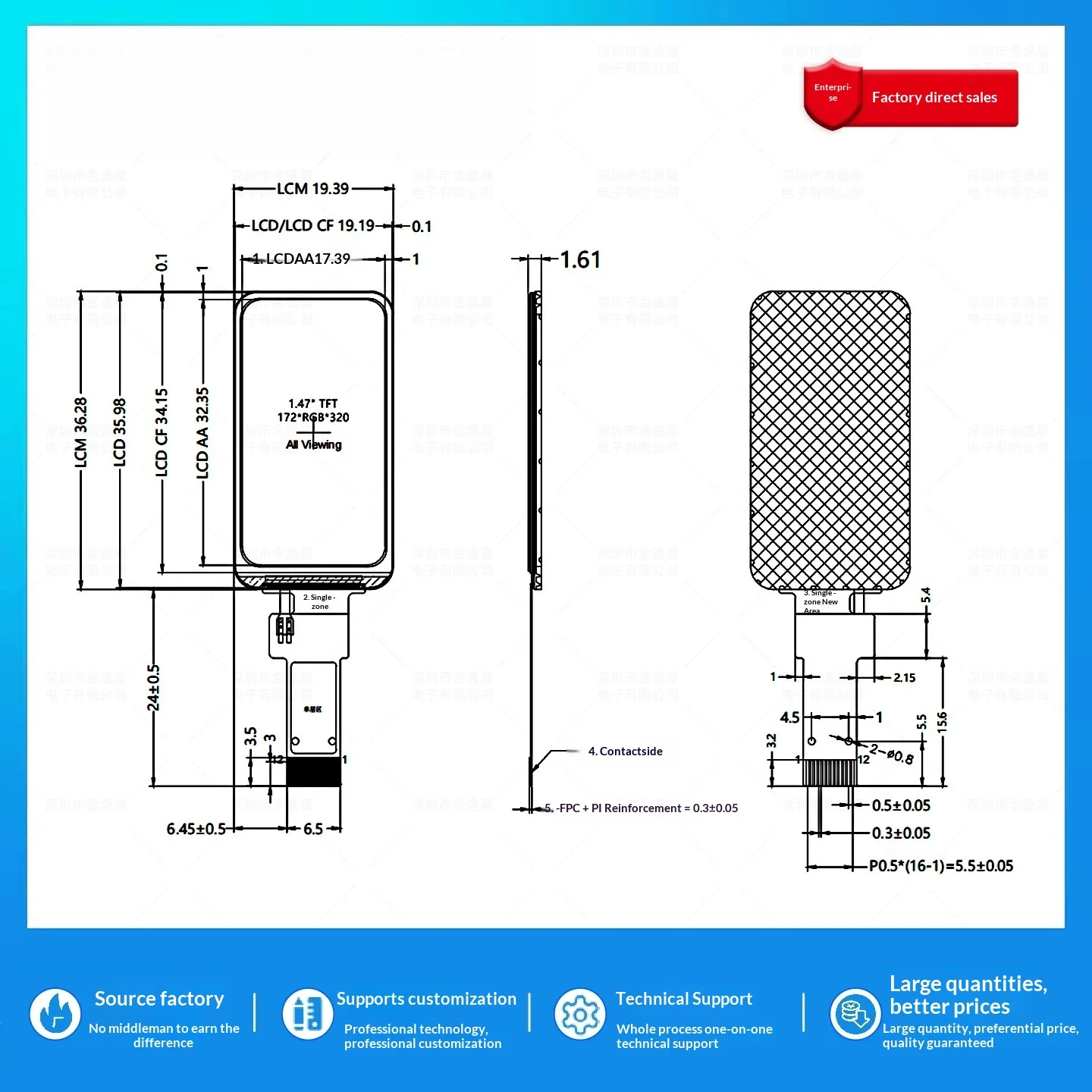 1.47-inch TFT LCD Screen ST7789 Small Display 172x320 Monitor LCD Rounded Corners SPI Color Screen