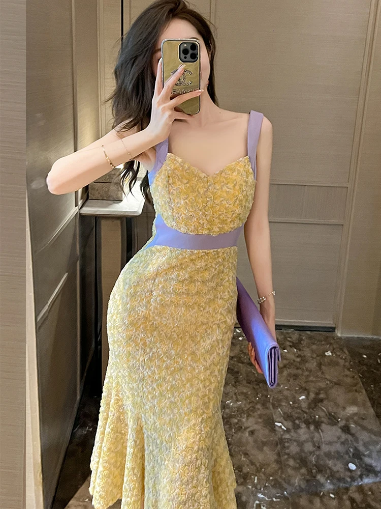 

New Elegant Sexy Dress for Women 2023 Sweet Yellow Flower Mesh Slip Fishtail Robe Femme Party Runway Vestidos Mujer Fashion Show