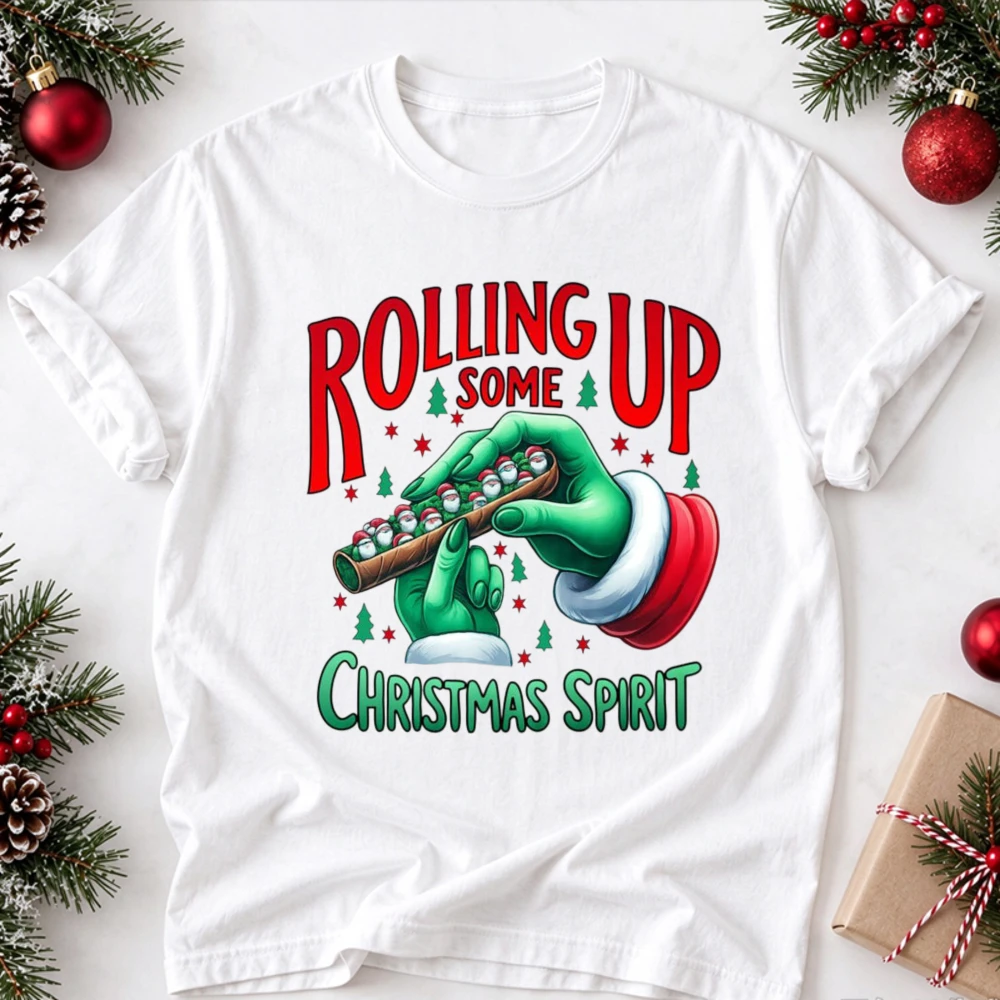 Rolling Up Some Christmas Spirit Graphic Tee Print Short Sleeve Christmas Party Casual T-Shirt Tops Gift Vintage Women Clothing