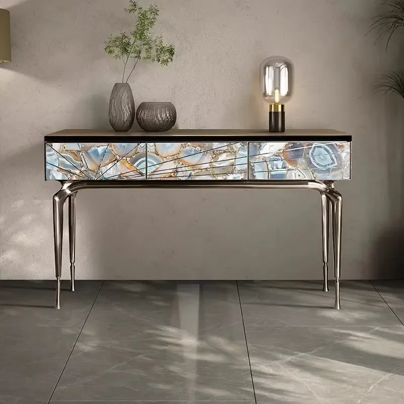 Hotel Decorative Vintage Stainless Steel Italian Brand Console Table With Drawer Agate Marble Console Table