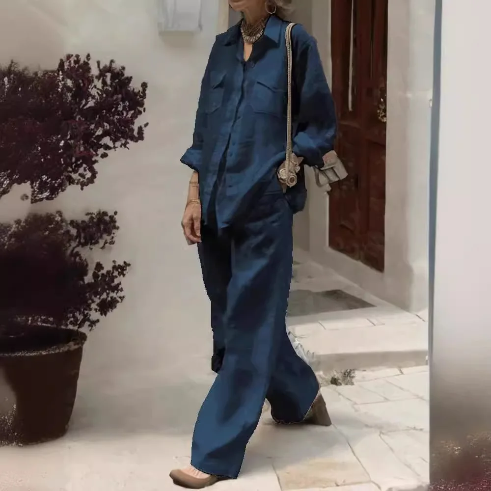 2025 Spring Autumn Fashion Loose Long Pants Sets Women's Lapel Cotton Linen Solid Pocket Shirt Wide Leg Pants Two Piece Sets