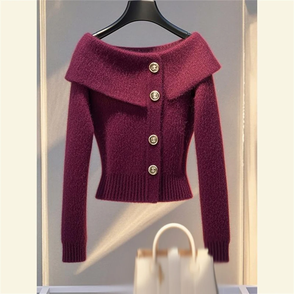 Autumn Winter Versatile Fashion Wine Red  Long-sleeved Sweater Women High-end Temperament Slimming Knitted Cardigan Tops Jacket