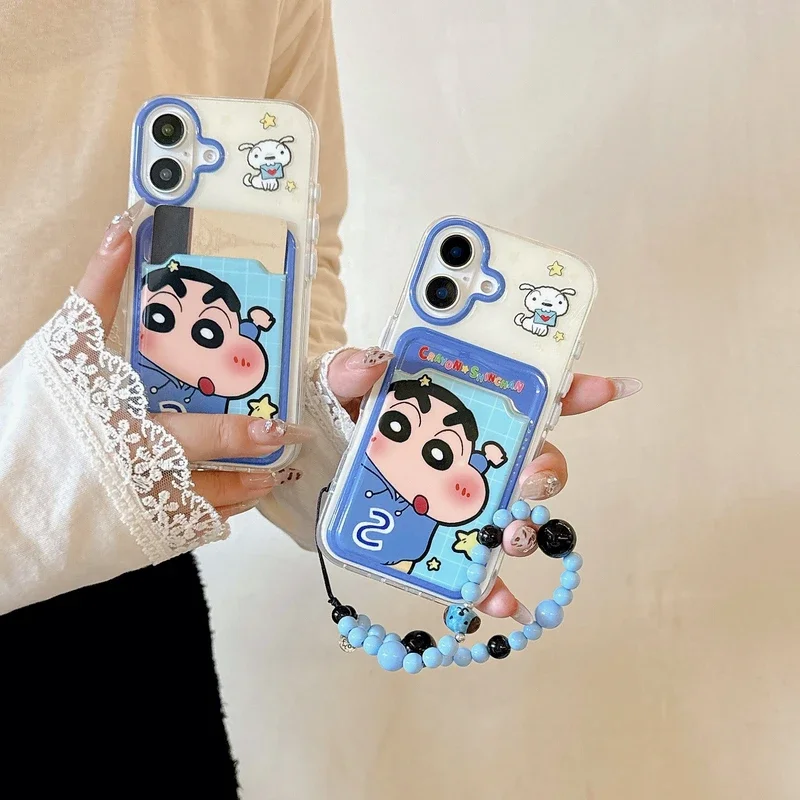 Cute Cartoon Japanese  Anime Crayon Shin-chan Card Wallet Pocket Phone Case For iPhone 16 Pro 15 14 13 Pro Max Soft TPU Cover