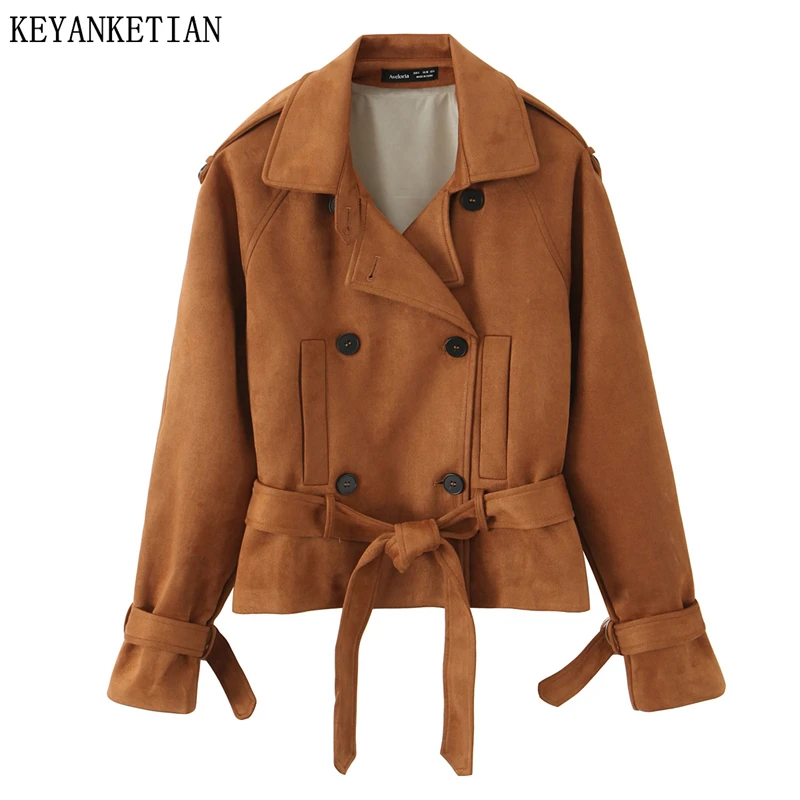 KEYANKETIAN 2026 Spring New Women's Short suede Suit Coat Retro style With Belt Double Breasted Brown Slim Blazer Outerwear Top
