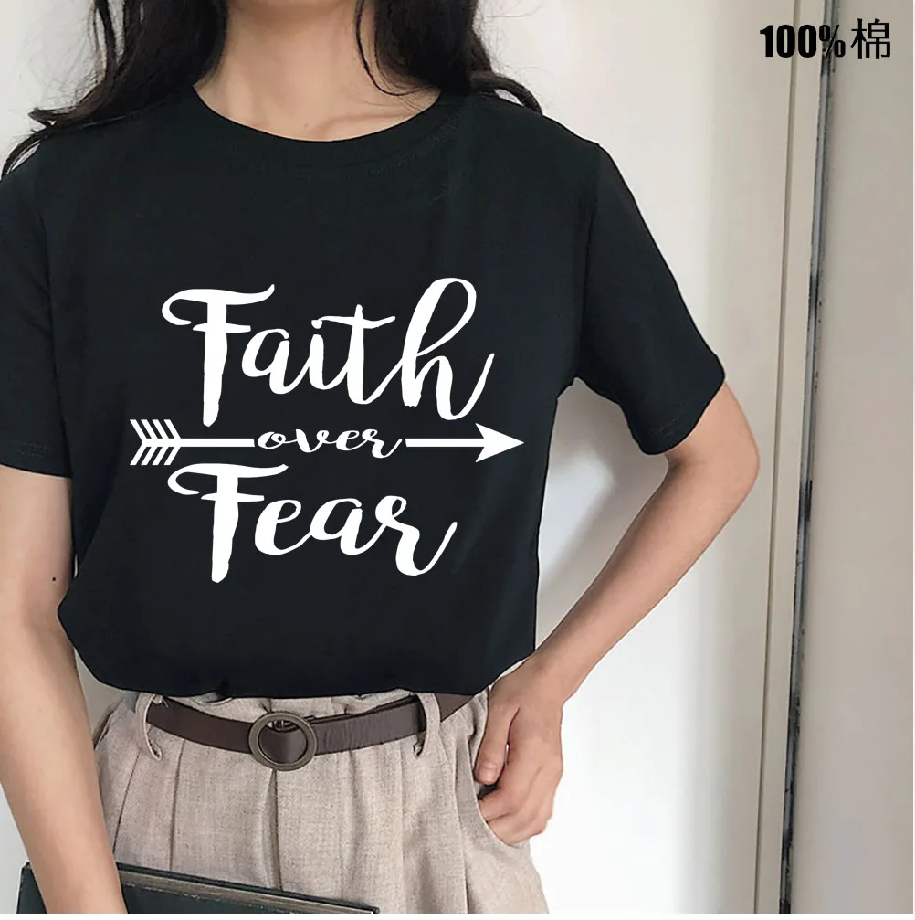 

Христианская футболка Faith Over Fear, женская хлопковая футболка с коротким рукавом, женская черная, белая, свободная, Camiseta Mujer, повседневная футболка Femme